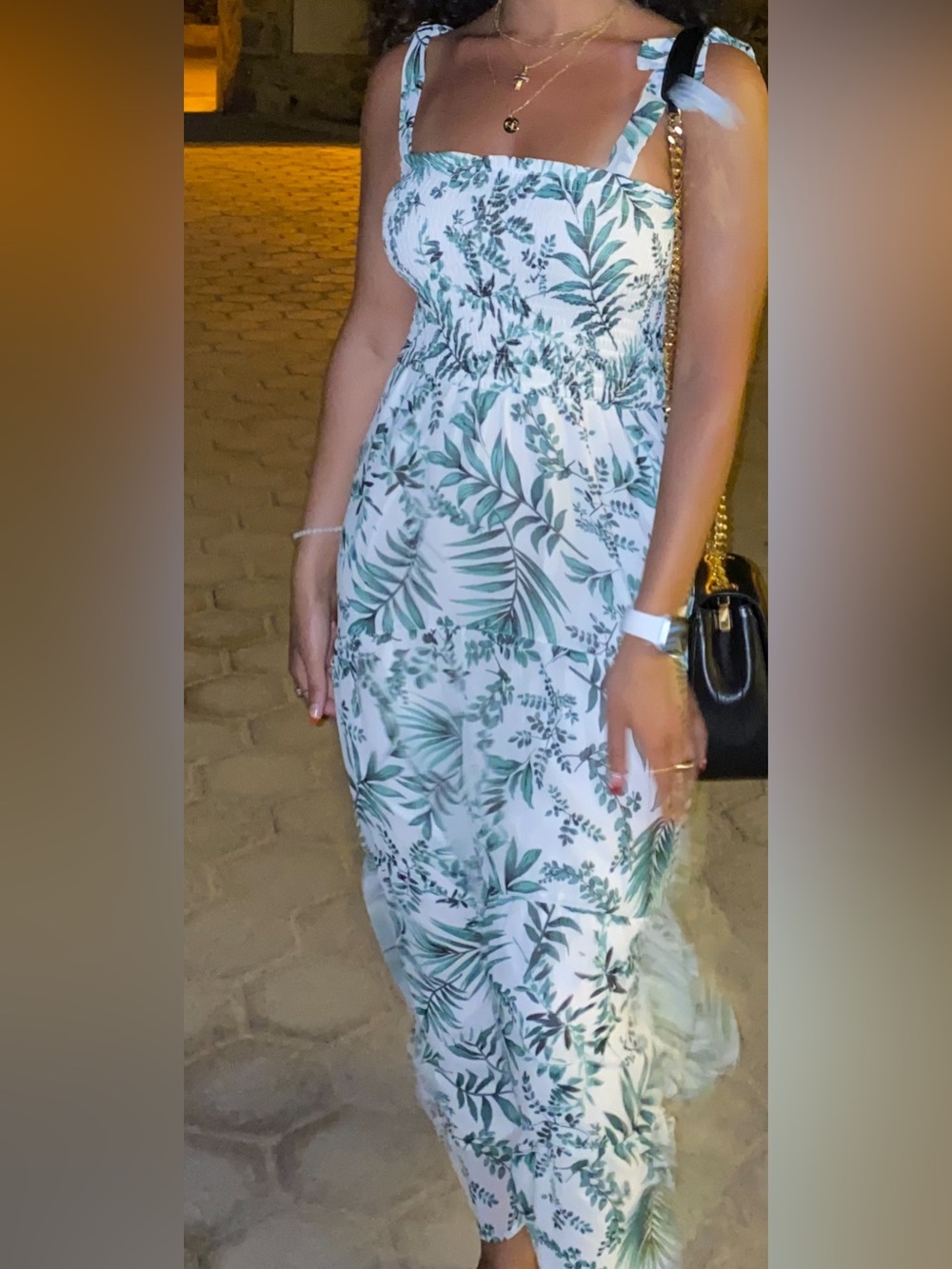 Floral Green Leaf Maxi Dress with Tie Straps